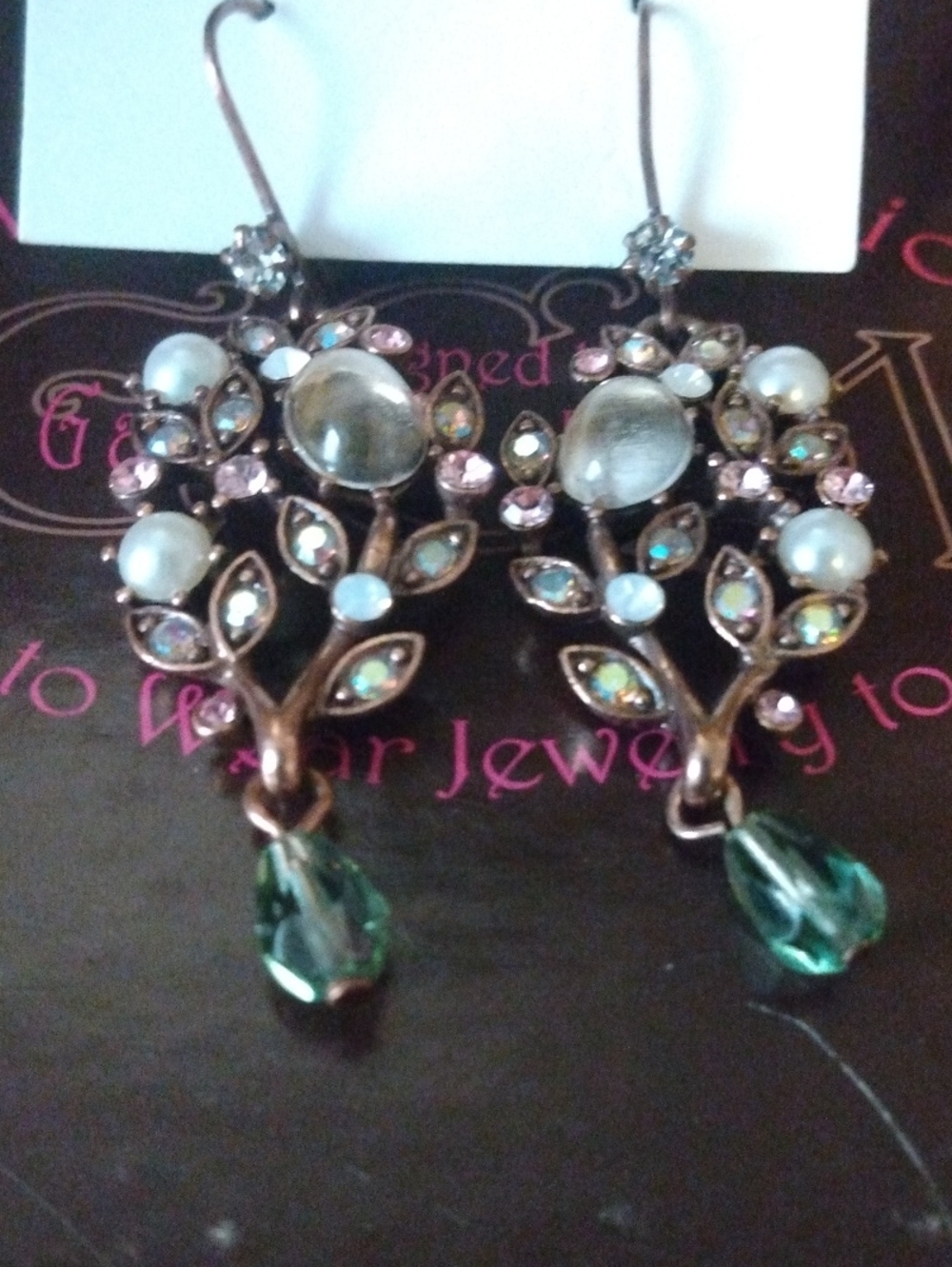Lia Sophia Green Teardrop Tree Branch Earrings with Pearls